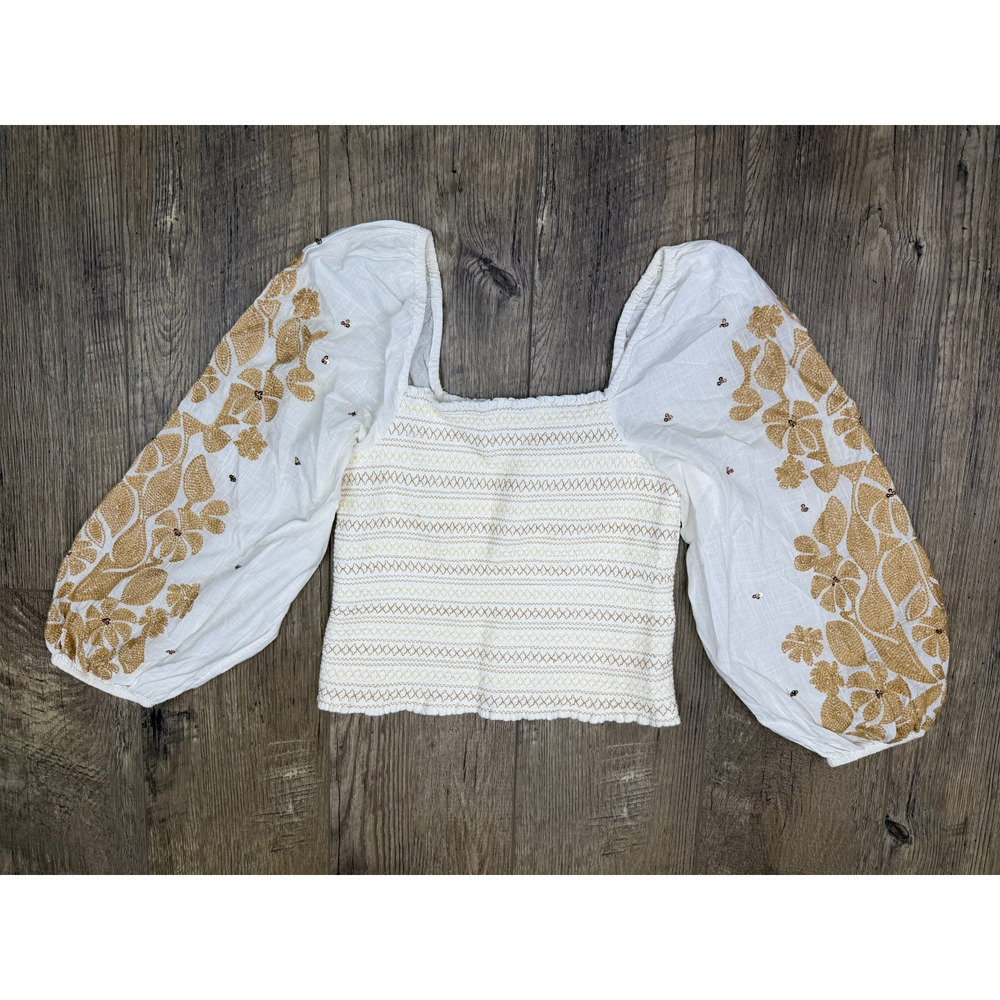 Anthropologie Womens Smocked Square Neck Puff Sleeve Embroidered Top Size Small - Picture 3 of 4